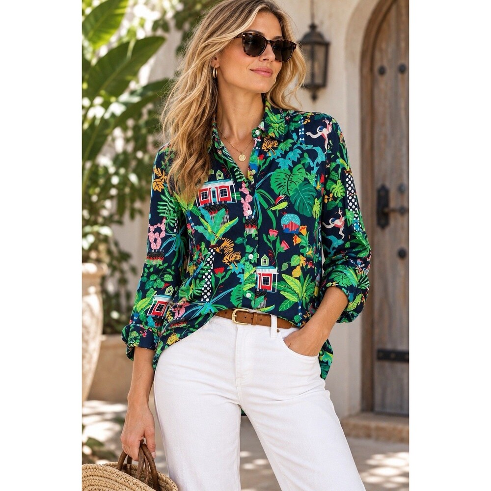 J.McLaughlin New Lois Cotton Button Down Shirt In Navy Jungle Tiger Print L